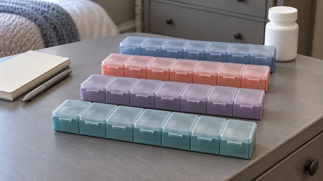 Four separate seven-compartment medicine organizers in teal, lavender, coral, and blue are arranged beside a notebook on a gray dresser.