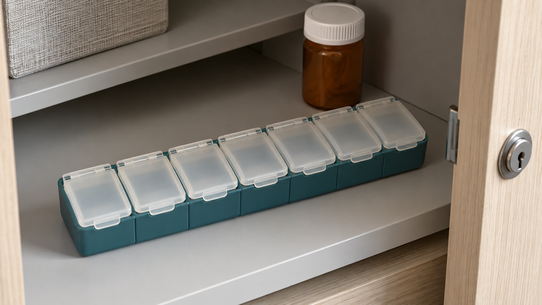 A teal seven-compartment medicine organizer with closed translucent lids sits on a cabinet shelf beside an amber medicine bottle.