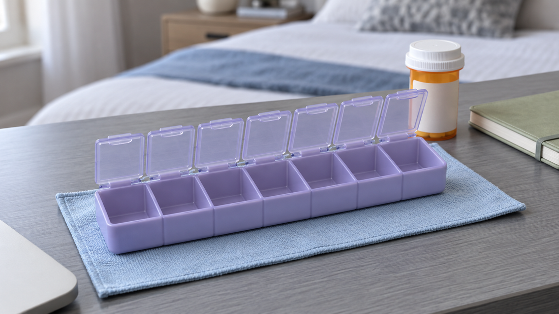 An empty lavender seven-compartment medicine organizer with all lids open rests on a blue cloth beside a closed medicine bottle and notebook.