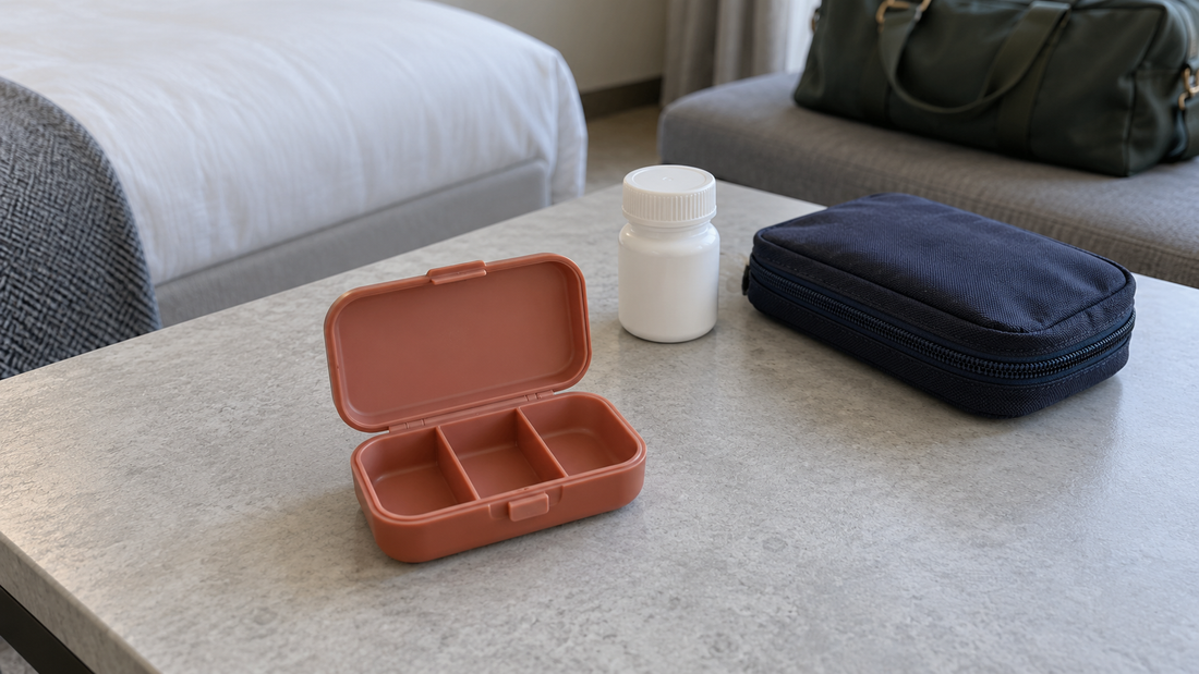 An open terracotta medicine case with three empty compartments sits beside a capped medicine bottle and navy travel pouch, with a weekend bag behind it.