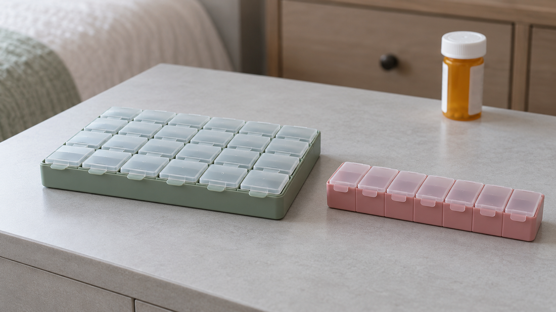 A sage-green multirow medicine organizer sits beside a smaller rose-colored seven-compartment organizer on a gray tabletop.
