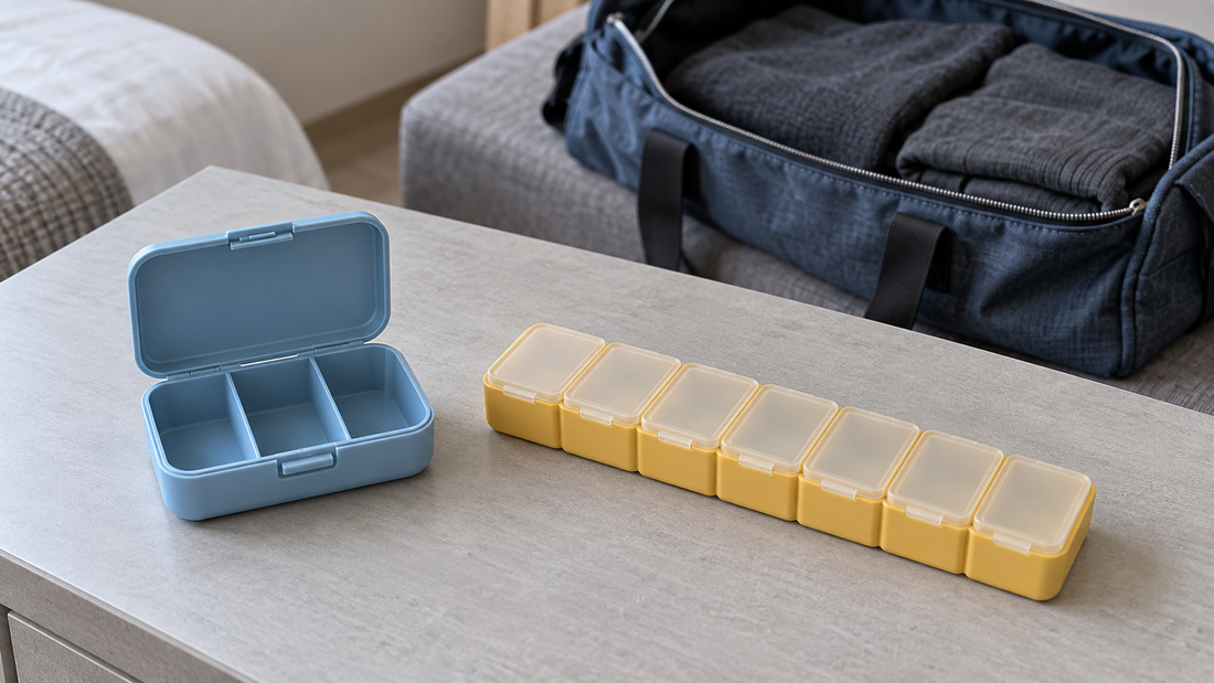 An open blue three-compartment medicine case beside a yellow seven-compartment organizer, with a packed weekend bag in the background.