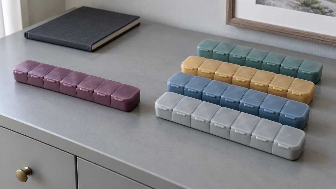 A plum seven-day medicine organizer beside four separate weekly organizers in teal, yellow, blue, and gray on a cabinet.