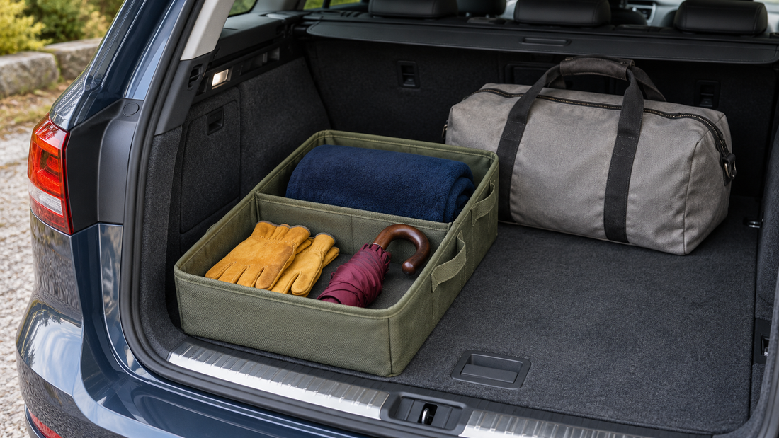 An olive trunk organizer keeps work gloves and a folded umbrella visible in a front section, beside a larger gray duffel bag.