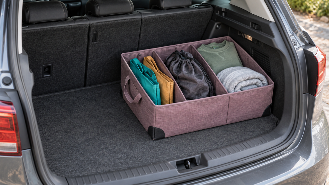 A mauve divided trunk organizer holds folded reusable bags, a gray drawstring bag, a green sweatshirt, and a rolled blanket.