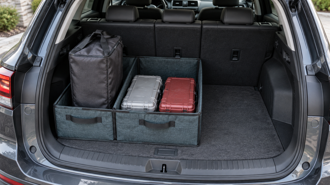 A teal trunk organizer holds a tall charcoal bag in one section and two shallow equipment cases side by side in another.