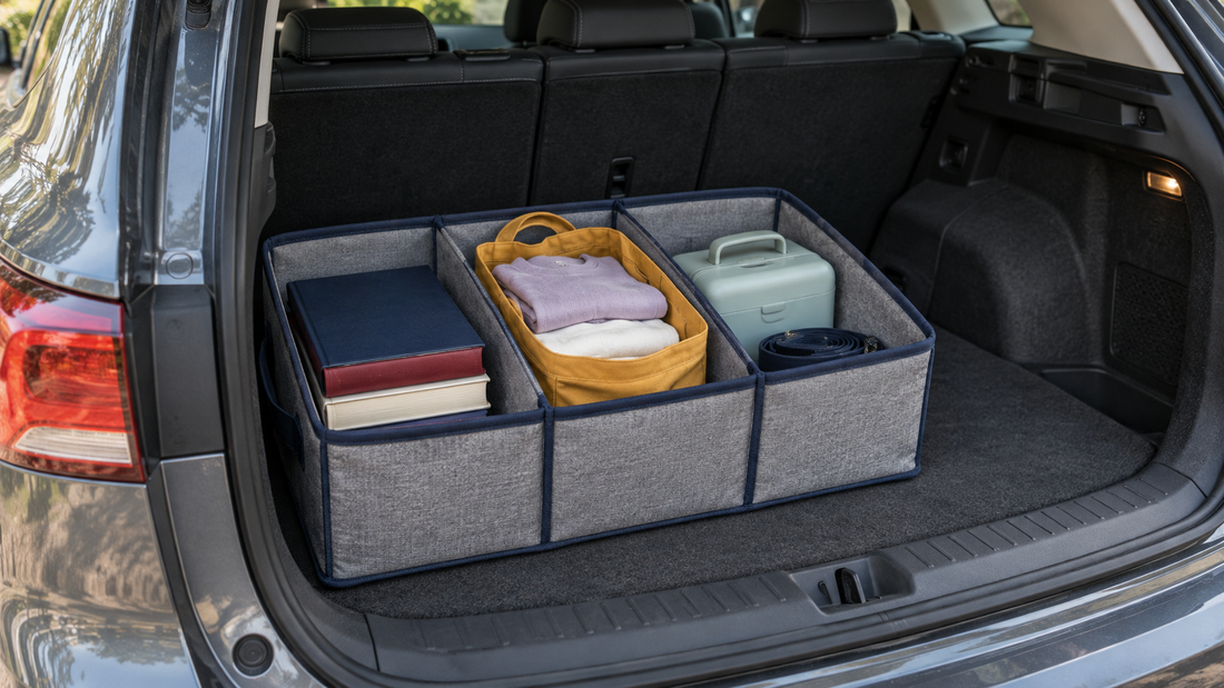 A gray trunk organizer separates books, a yellow bag of folded clothing, and a mint case with a coiled strap into three compartments.