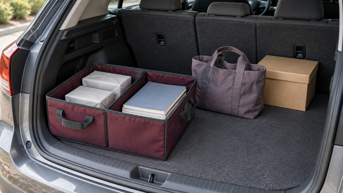 A burgundy trunk organizer separates wrapped parcels and magazines, with a canvas tote and cardboard box beside it on the cargo floor.