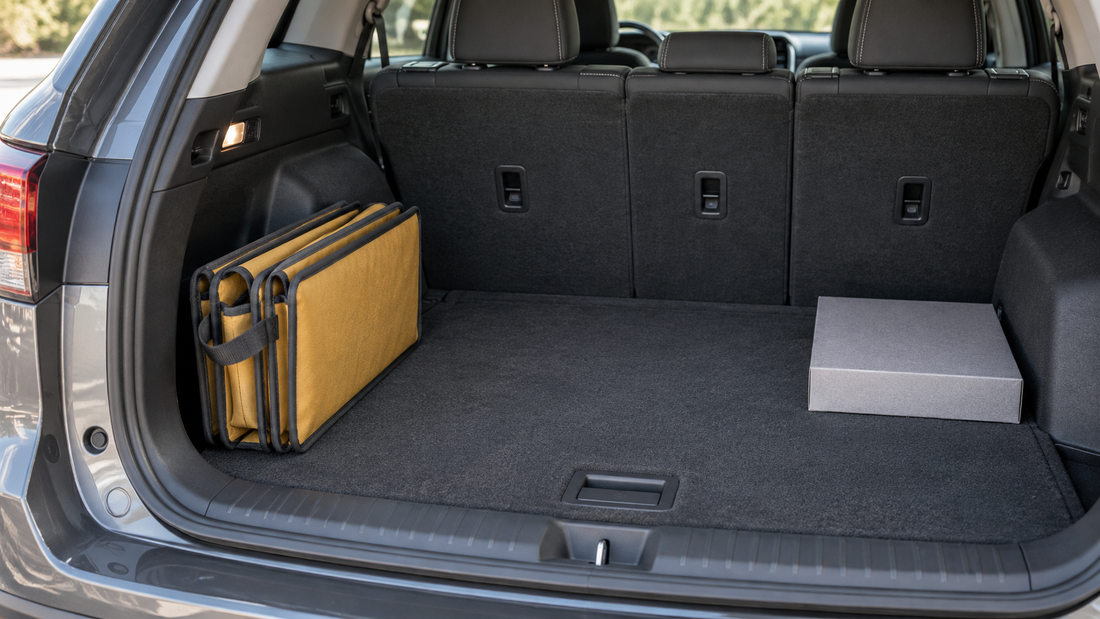 A green trunk organizer with its lid partially open holds a blue pouch and folded gray textile inside an SUV cargo area.
