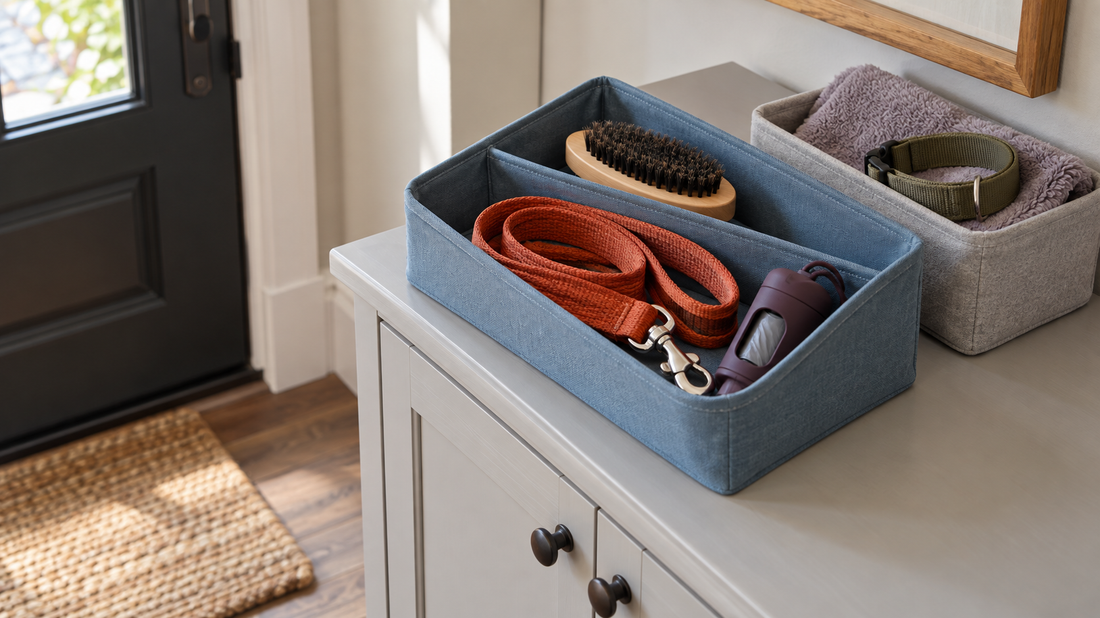 A blue divided organizer holds a leash, waste-bag dispenser, and brush near an entry door, with a spare collar and towel in a separate gray bin.