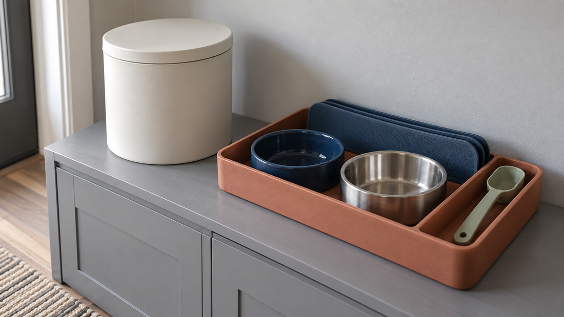 A terracotta organizer holds two pet bowls, a scoop, and a blue feeding mat beside a separate closed white food storage container.