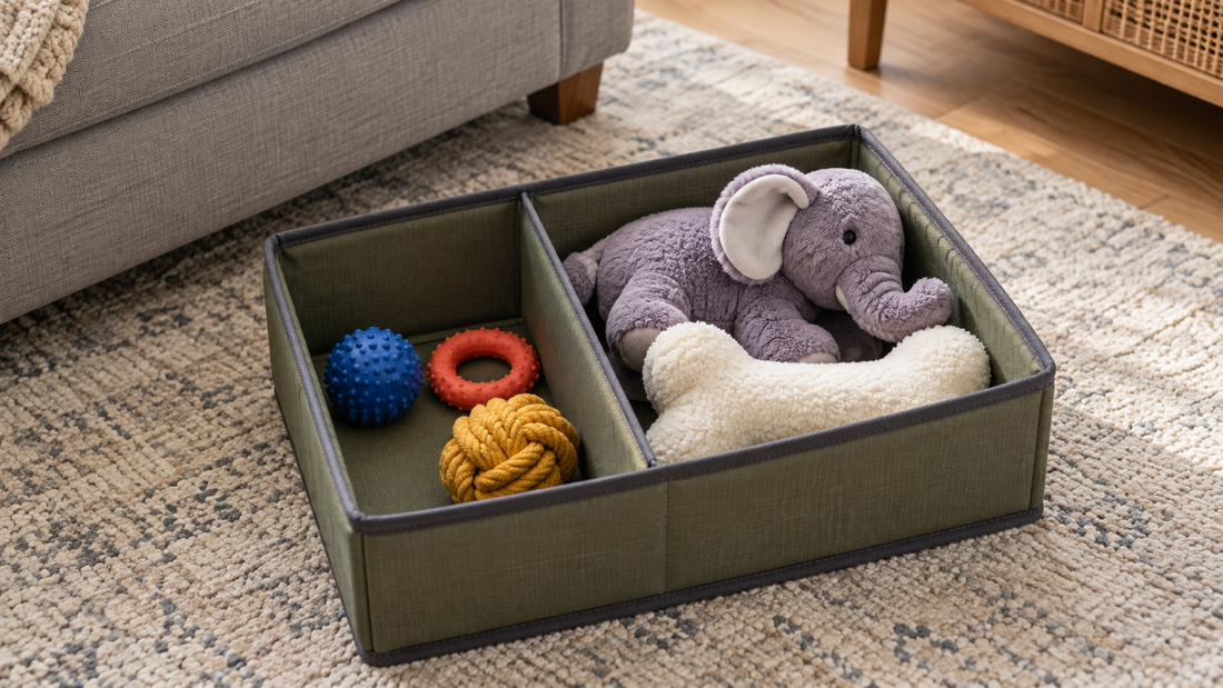 An olive divided organizer separates a small rubber ball, ring, and rope toy from a larger plush elephant and bone beside a gray sofa.