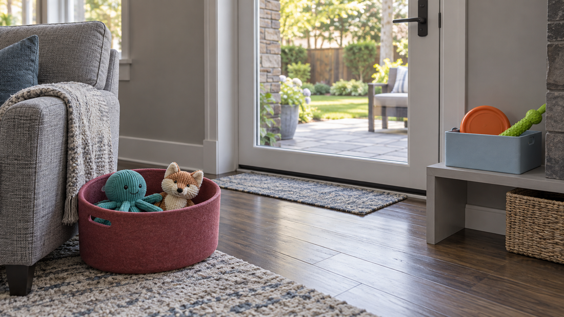 A raspberry basket holds indoor plush toys beside an armchair, while a separate blue bin holds outdoor fetch toys near the backyard door.