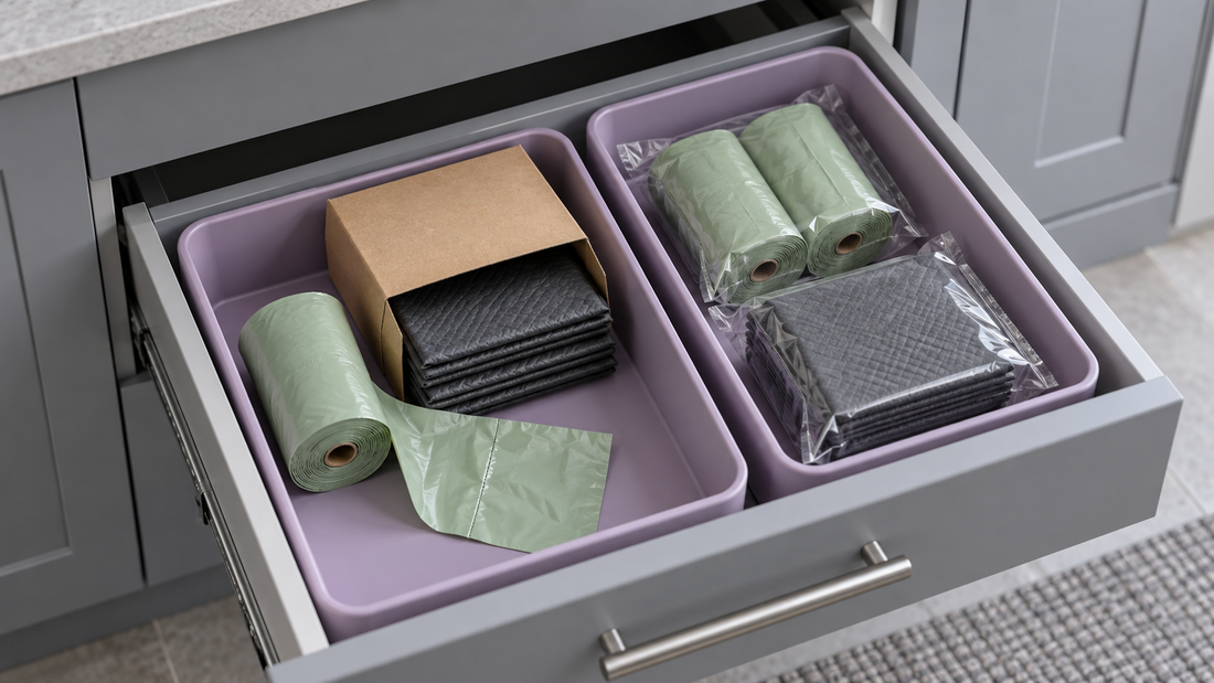 Two lilac drawer bins separate opened waste bags and training pads from sealed replacement supplies.