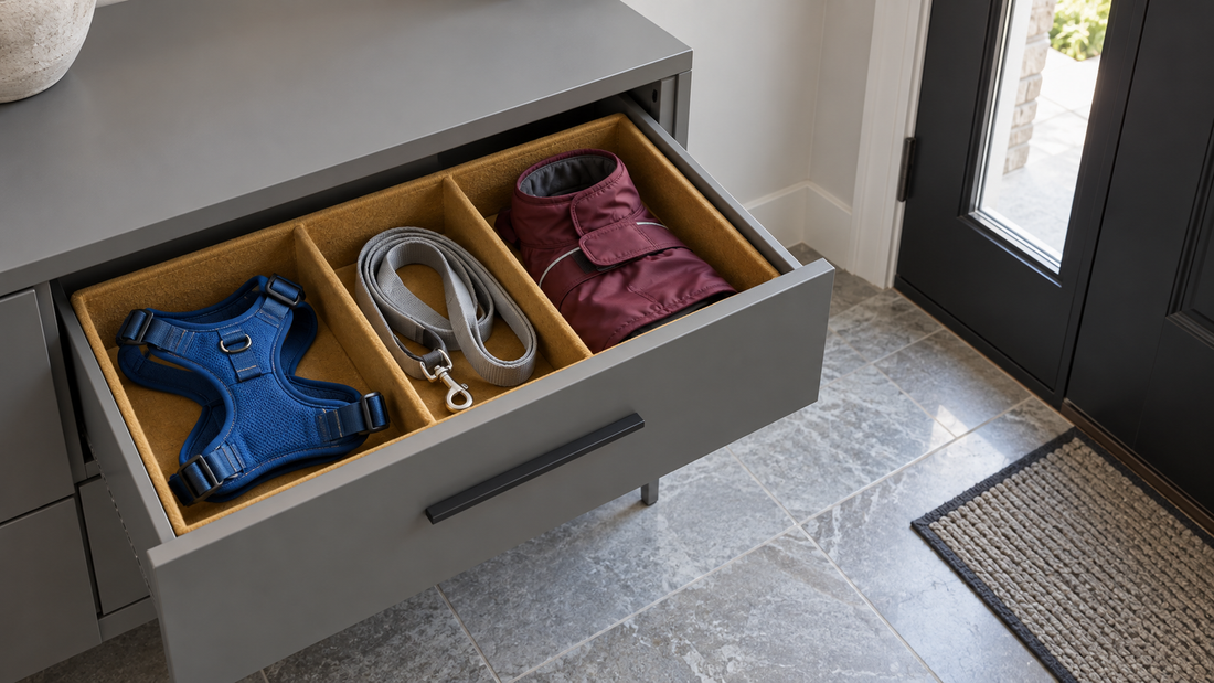 An ochre divided drawer organizer holds a blue harness, gray leash, and burgundy pet coat beside the front door.
