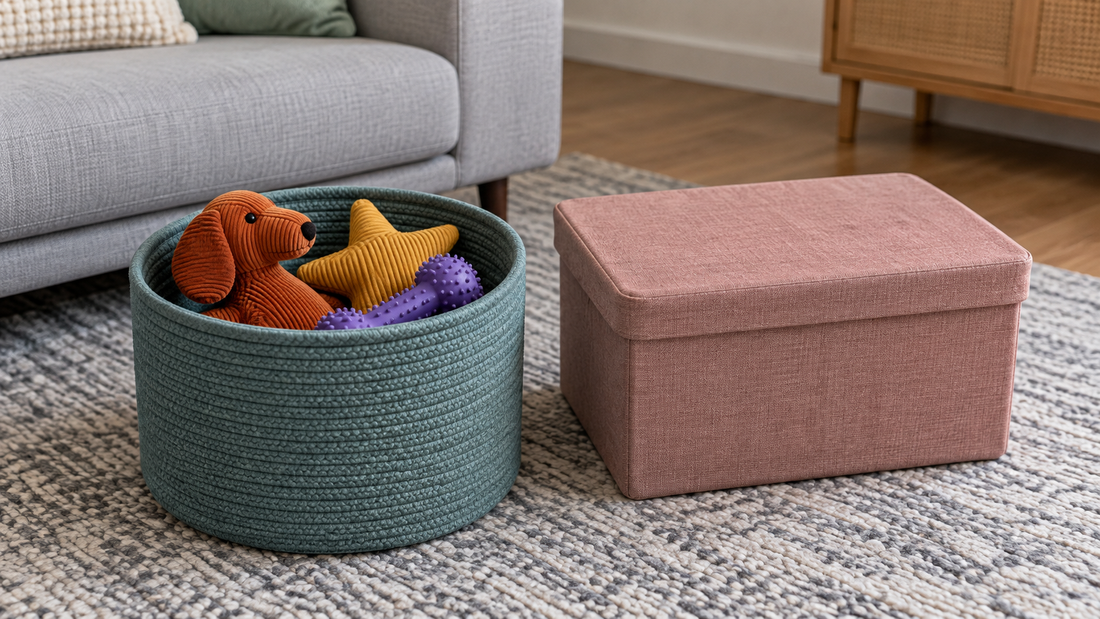 An open teal basket holds three pet toys beside a closed dusty-rose storage bin with a removable lid on a living room rug.