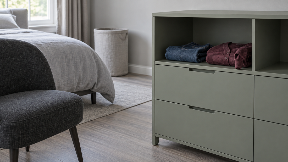 Folded jeans and a burgundy cardigan occupy an open shelf in a sage bedroom cabinet, with a clear chair and separate laundry hamper nearby.