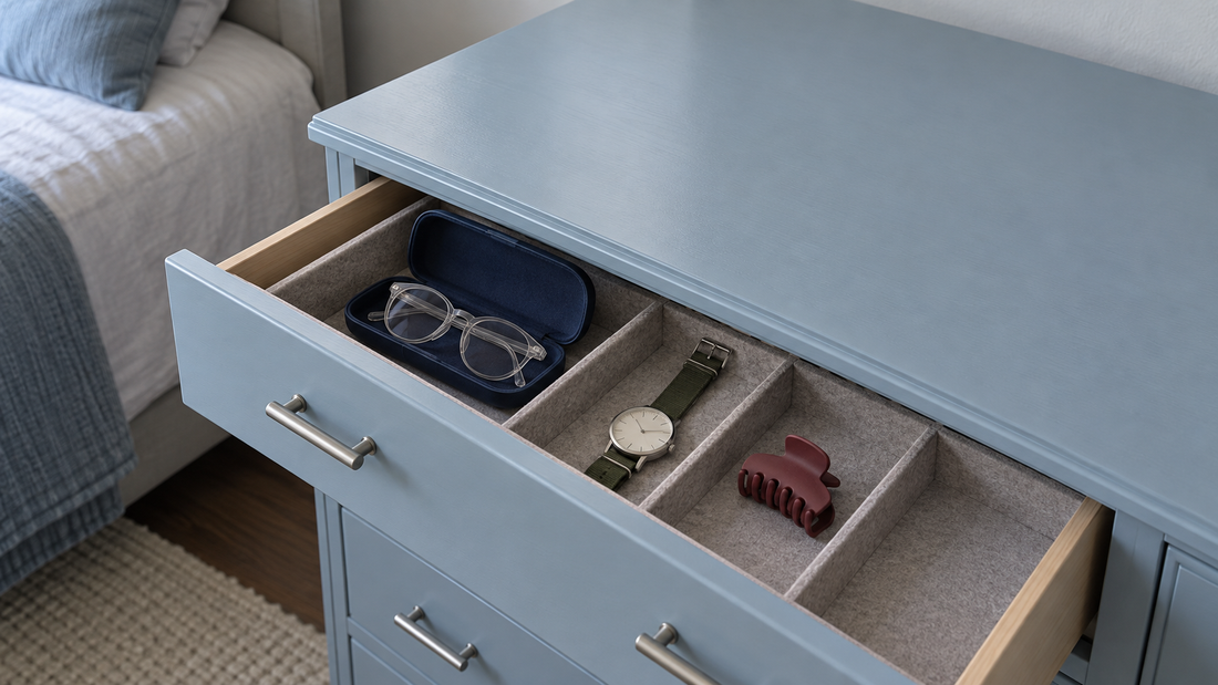 A blue dresser has a clear top and an open divided drawer holding glasses in a case, a wristwatch, and a burgundy hair clip.
