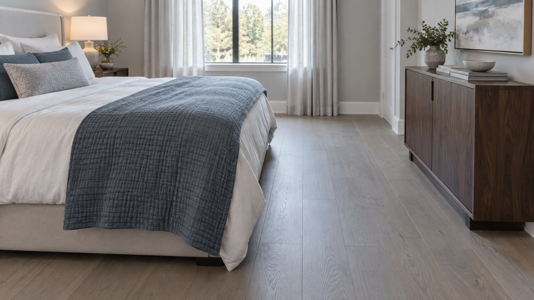A walnut storage cabinet stands opposite a bed, leaving a clear walking aisle beside and around the foot of the bed.
