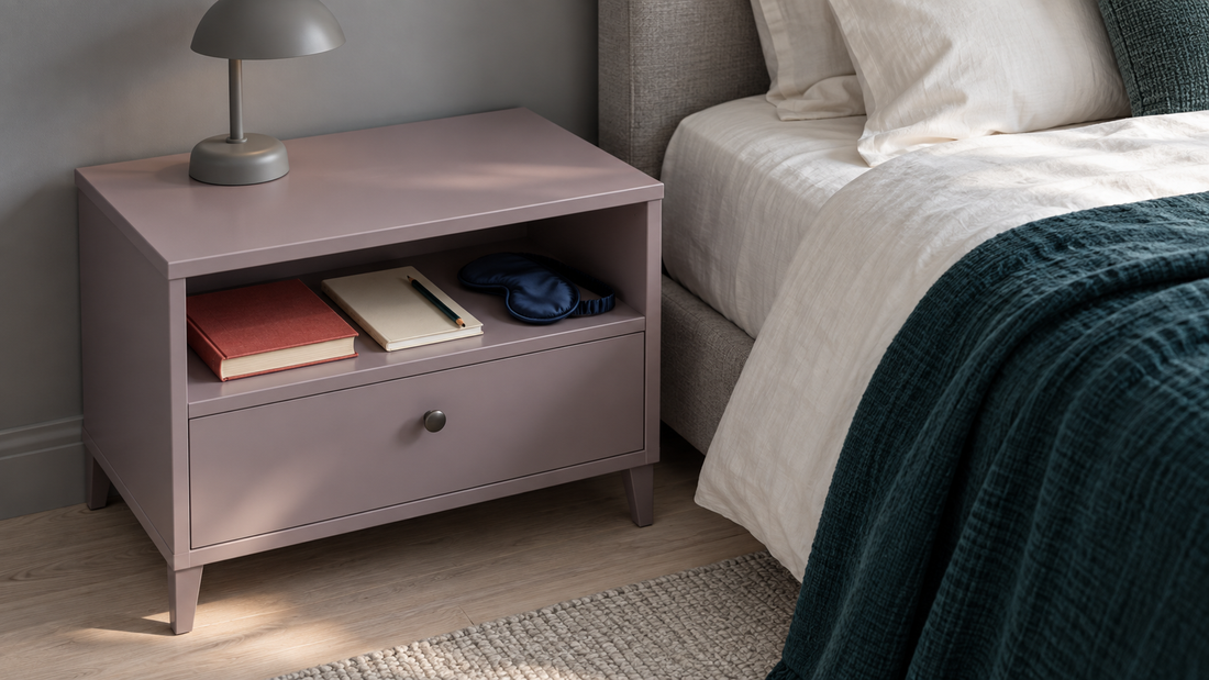 A lilac bedside table keeps a book, journal, pencil, and navy sleep mask together on an open shelf beside the bed.