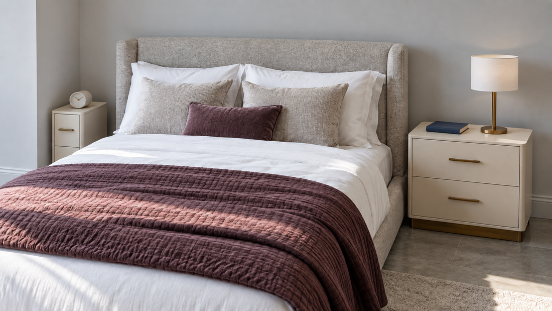 A narrow ivory nightstand holds a small clock, while a wider matching nightstand holds a brass lamp and blue book beside an upholstered bed.
