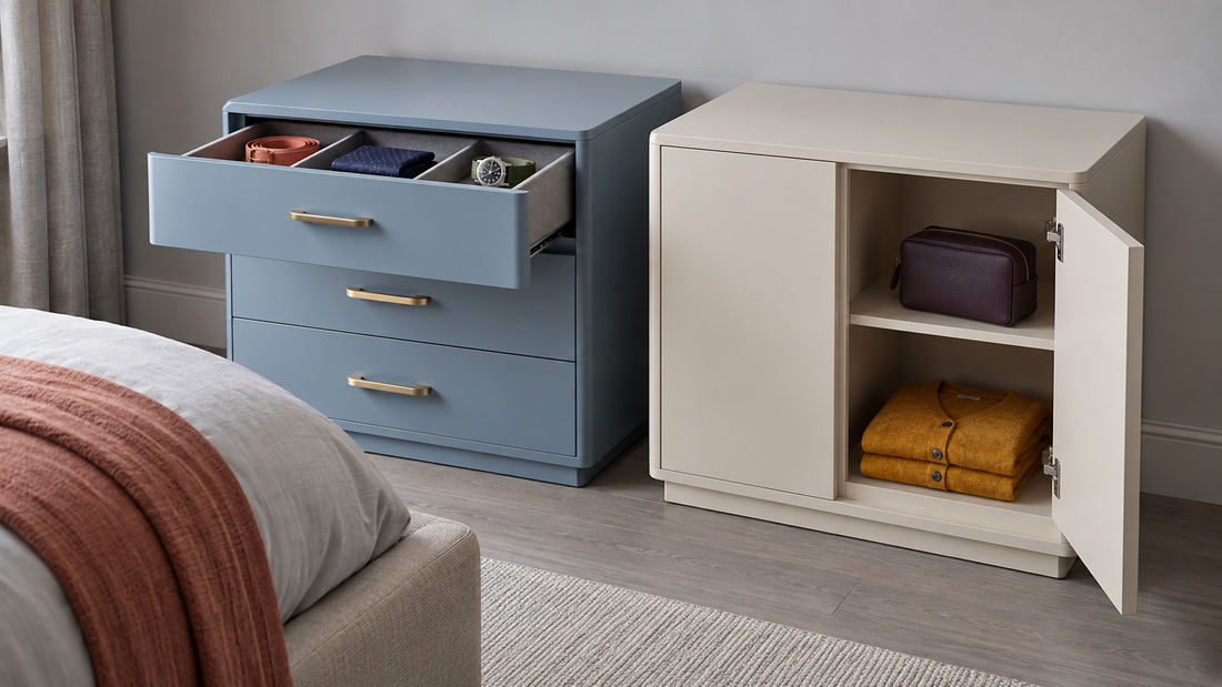 A blue chest has an open divided drawer holding accessories beside an ivory cabinet with an open door revealing a bag and folded knitwear on shelves.