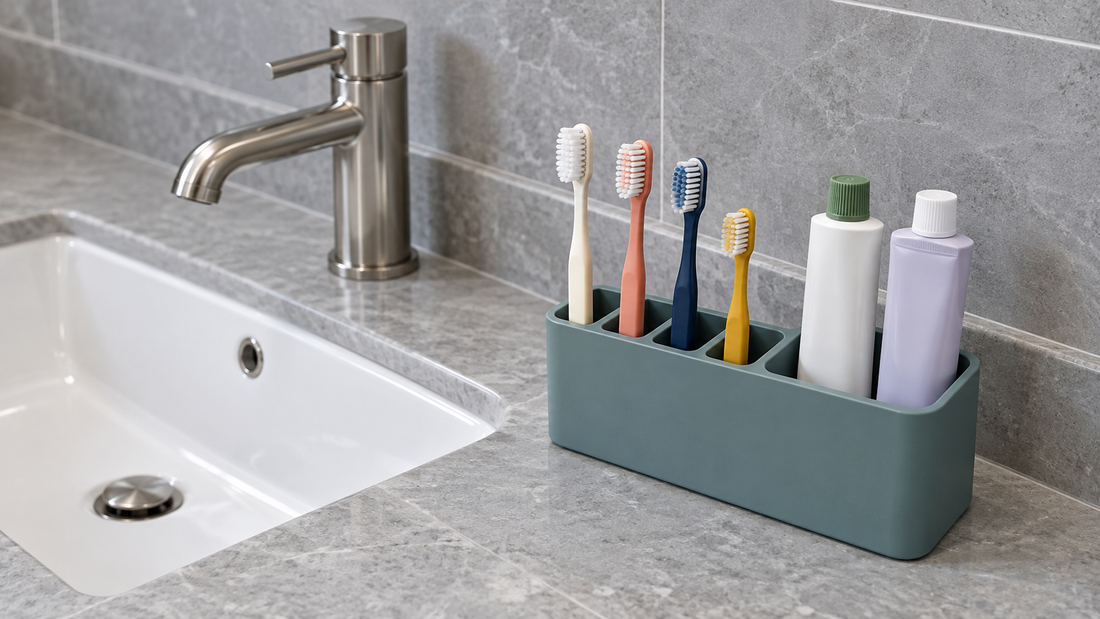 A teal organizer keeps four toothbrushes in individual slots and two toothpaste tubes in a separate compartment beside a bathroom sink.