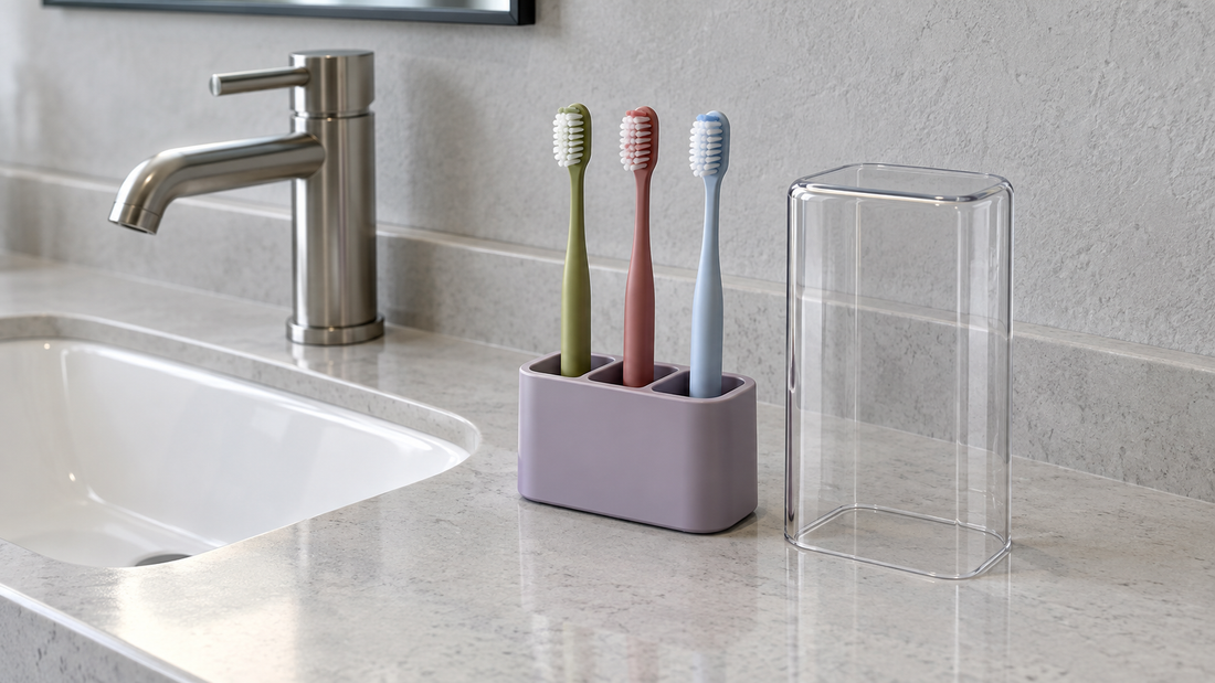 A lavender holder keeps three toothbrushes in separate slots beside its removed transparent cover, with clear counter space near the bathroom sink.