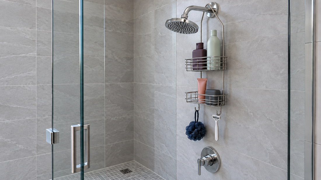 A two-tier caddy hangs from the shower arm against a gray tiled wall, storing bottles and accessories above the mixer control.