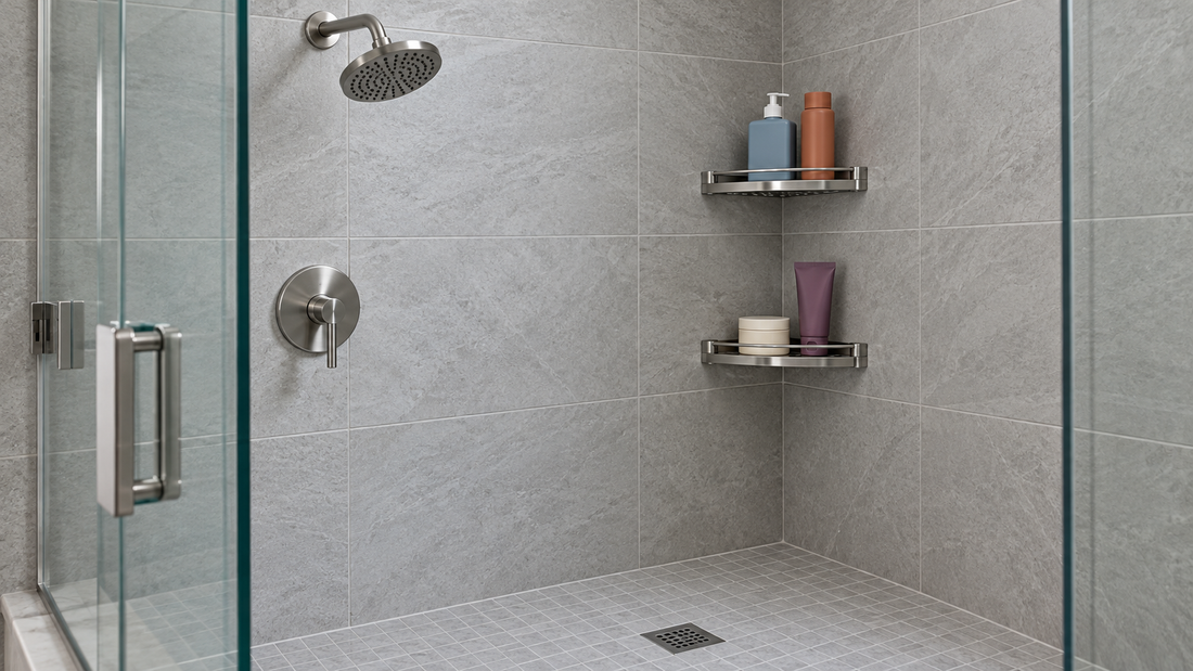 Two stainless-steel corner shelves hold bottles, a jar, and a tube above a clear tiled shower floor beside chrome shower fixtures.