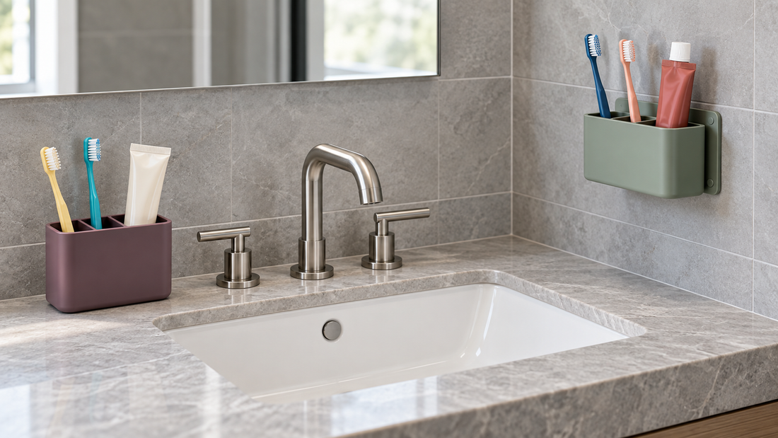 A plum toothbrush holder rests on the vanity beside the sink, while a sage wall-mounted holder keeps toothbrushes and toothpaste above clear countertop space.