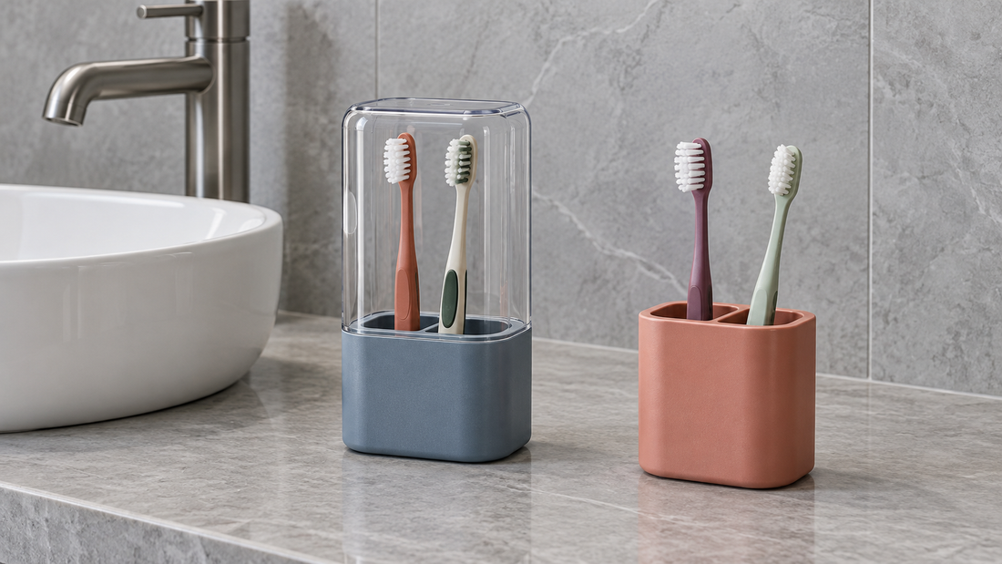 A blue toothbrush holder encloses two brushes beneath a transparent cover, while a coral open holder leaves two brushes directly accessible beside the sink.