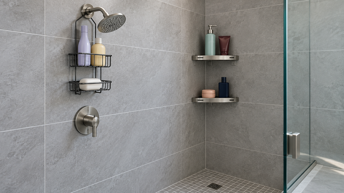 A black caddy hangs around the showerhead area, while two stainless-steel corner shelves hold products in a separate wall corner above a clear shower floor.