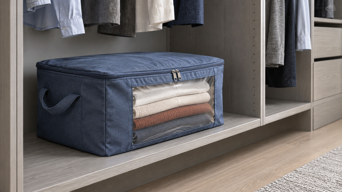 A blue fabric clothing storage bag with a carrying handle and clear front panel holds folded garments on a low closet shelf.