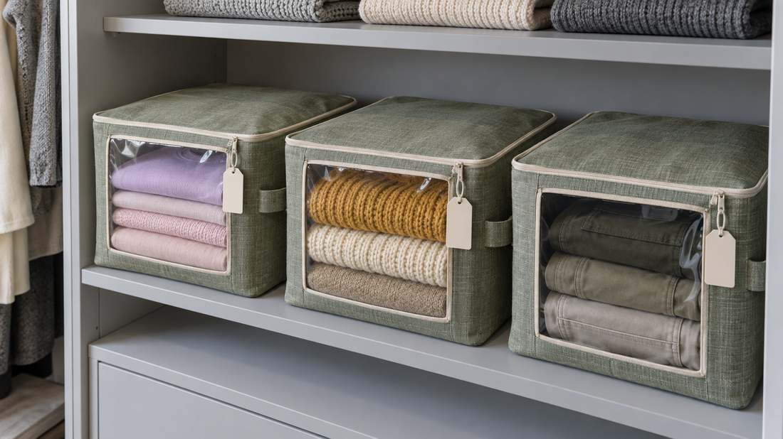 Three sage clothing storage bags with clear windows and hanging tags separate folded tops, knitwear, and trousers on a gray closet shelf.