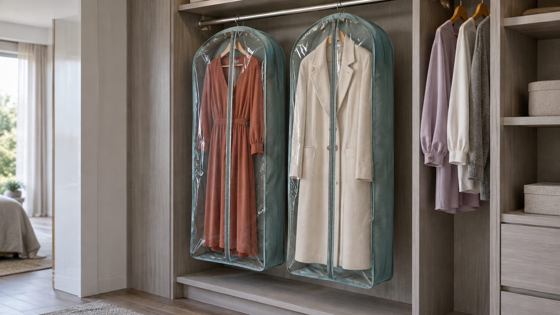Teal hanging garment bags with transparent fronts enclose a rust dress and cream coat at full length above a clear closet shelf.