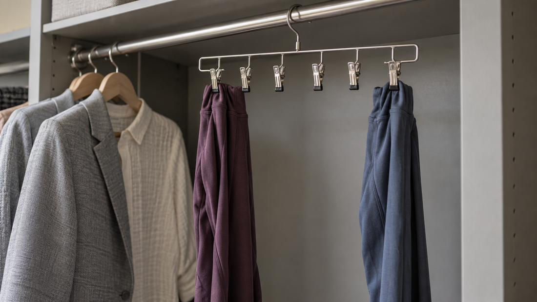 Plum and slate-blue leggings drape separately from a multi-clip hanger beside hanging shirts, with unused clips between the garments.