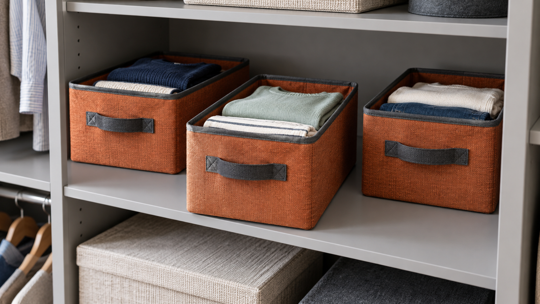 Three orange fabric containers with reachable front handles sit spaced apart on a gray closet shelf, with the center container positioned forward.