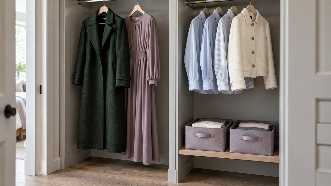 A long coat and dress hang above clear floor space, while lavender storage bins sit on a shelf beneath shorter shirts and a jacket.