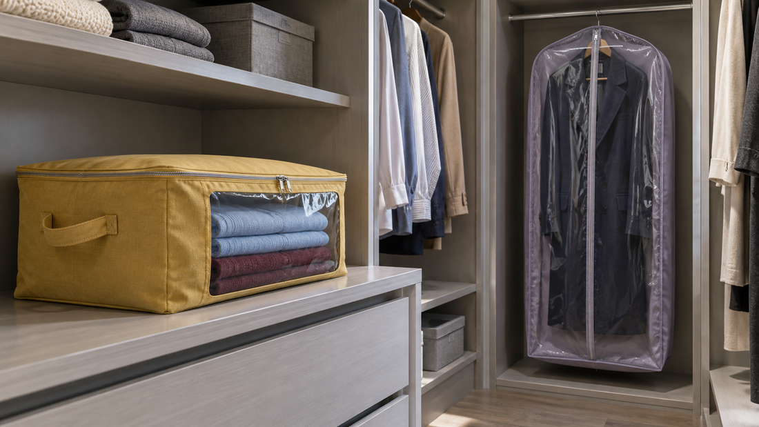 A mustard handled storage bag holds folded clothing on a closet shelf, while a lavender hanging garment bag encloses a navy coat at full length.