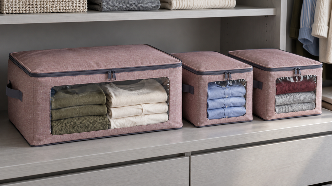 One large rose-colored storage bag holds two clothing groups, while two smaller bags separately contain blue shirts and knitwear on a closet shelf.
