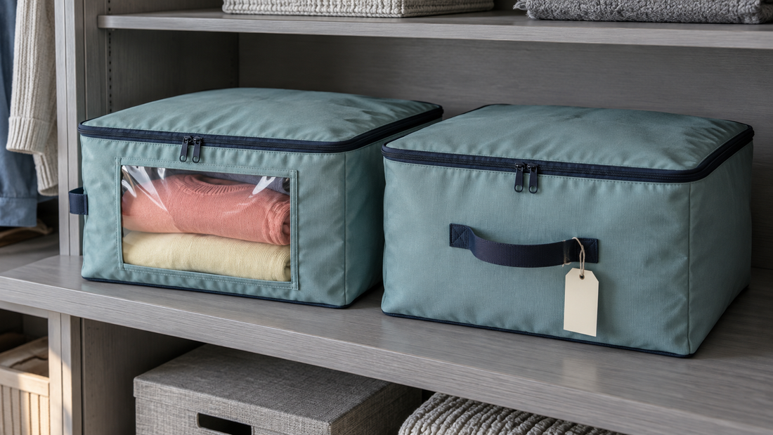 Two teal clothing storage bags sit on a gray closet shelf; one shows folded garments through a clear window, while the opaque bag has a hanging tag.