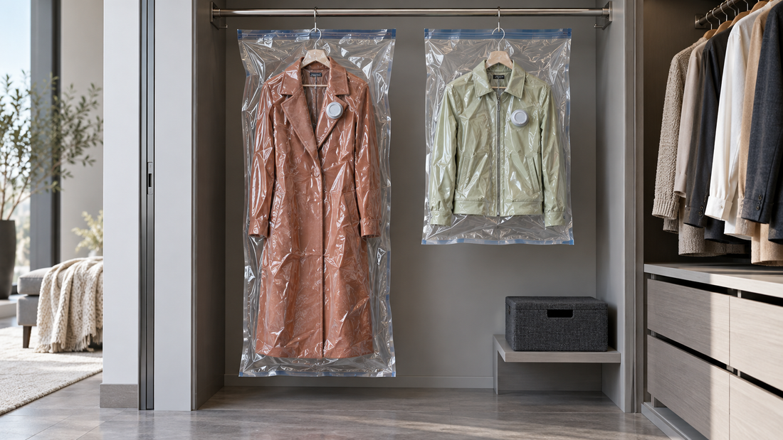 Long and short hanging vacuum storage bags enclose a terracotta coat and green jacket, with different amounts of closet clearance beneath them.