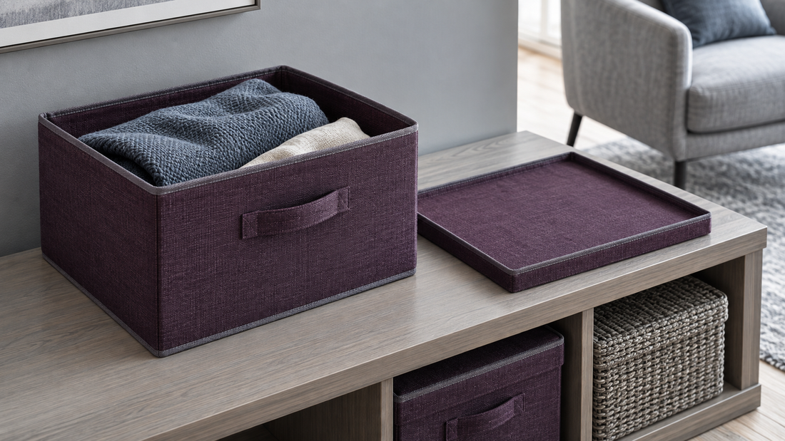 An open plum fabric storage bin holds folded textiles, with its detached lid lying flat beside it on a pale wood storage bench.