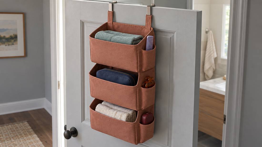 A terracotta over-the-door organizer stores towels and a pouch in main compartments, with a comb, hair clip, and small case in side pockets.
