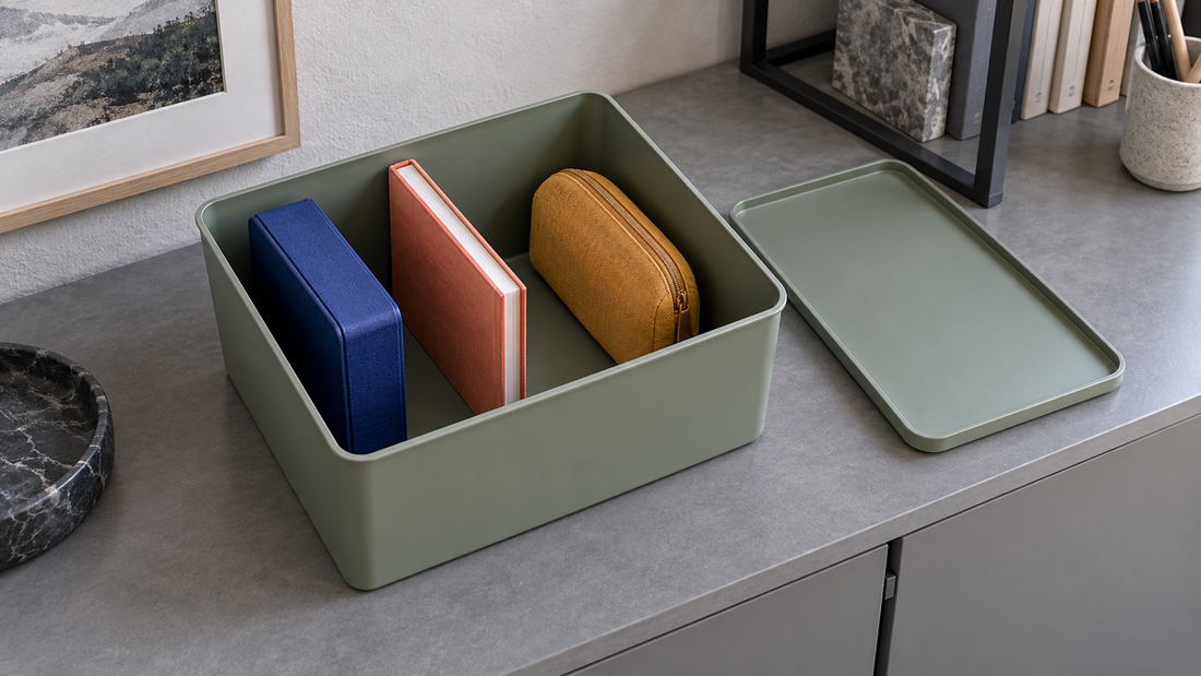 A sage storage bin holds a blue case, coral notebook, and mustard pouch upright with space between them, beside its detached lid.