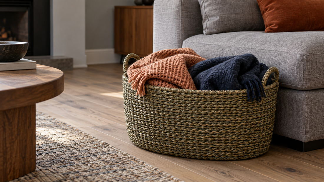 An olive woven basket holds apricot and navy throws beside a gray sofa, with a rust cushion stored separately on the seat.
