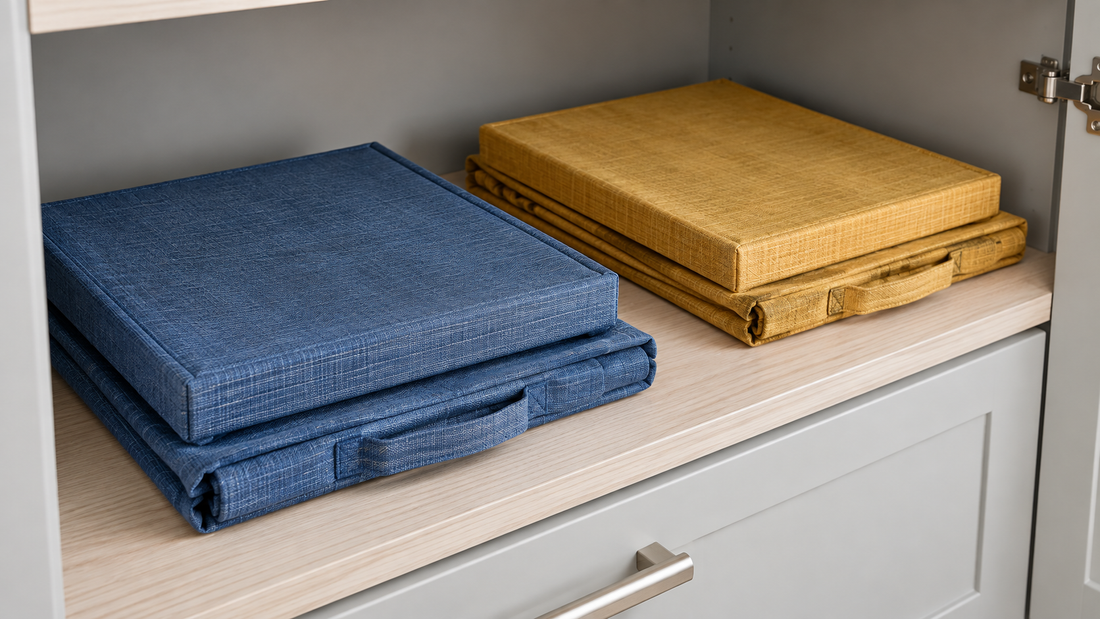 Blue and ochre collapsible fabric bins stored folded on a cabinet shelf, each paired with its matching removable lid.