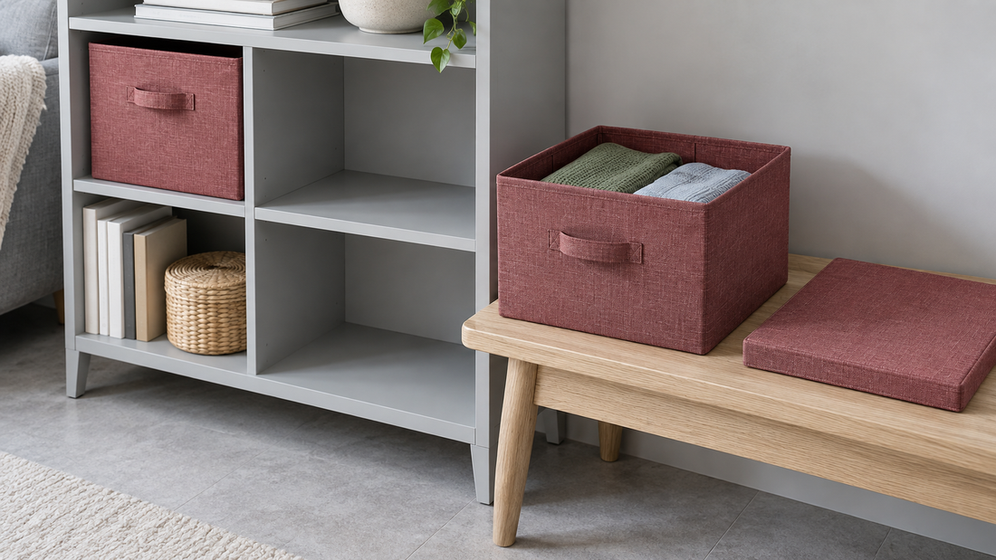 An open raspberry fabric storage bin and its detached lid rest on a wooden bench beside a gray shelving unit with an empty compartment.