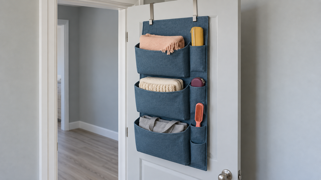 A blue over-the-door organizer holds a scarf, pouch, and tote in main pockets, with compact cases and a lint brush in narrower side pockets.